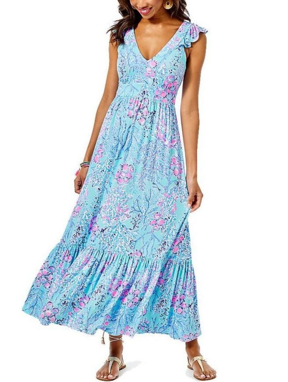 Lilly Pulitzer Vyra Flutter Sleeve Maxi Dress Blue Ibiza Now You Sea Me Print 14